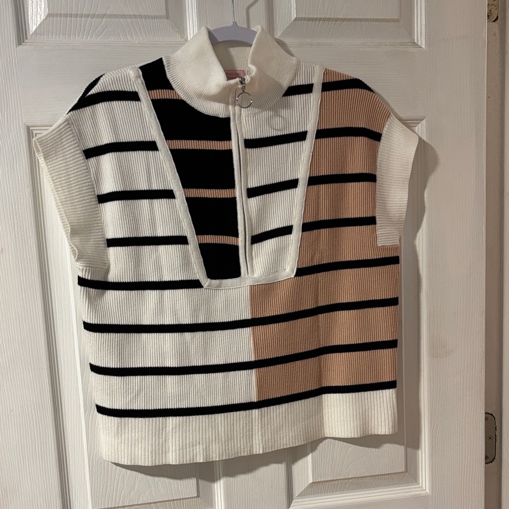 Clothesline Black White Tan Color Block Sleeveless Knit Top with Zipper Frint - Picture 3 of 9